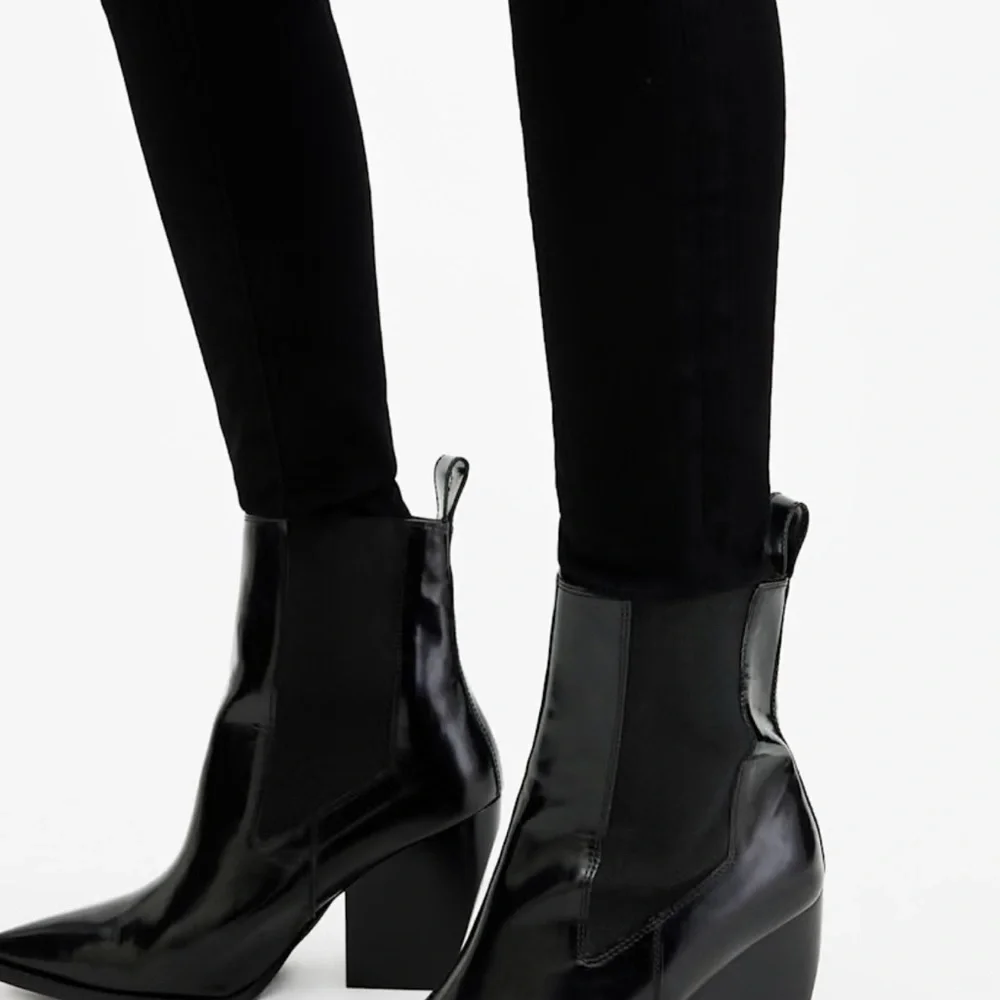 All Saints RIA Black Ankle Boots with Pointed Toe and High Block Heel - Picture 2 of 9